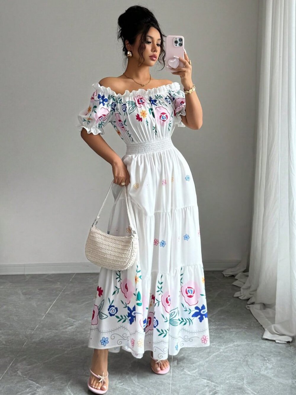 Multicolor Boho Women's off-Shoulder Puff Sleeve Floral Print Maxi Dress - Picture 3 of 7